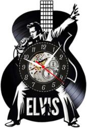  Ceas de perete decorativ realizat din disc de vinil, Model Elvis Presley, Silueta Chitara, Postura Scena, Text ELVIS, Negru Premium, 30 cm