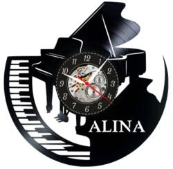  Ceas de perete decorativ realizat din disc de vinil, Model Pian cu Coada Personalizabil, Pianist, Clape, Skeleton, Negru, 30 cm