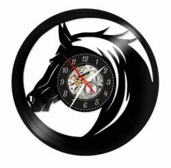  Ceas de perete decorativ "Wild Horse", lucrat manual din disc de vinil (Vinyl Record), design cap de cal, Negru, 30 cm