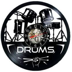  Ceas de perete decorativ realizat din disc de vinil, Model Baterie Tobe Drums Percutie Muzica, Negru, 30 cm