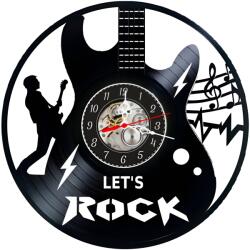  Ceas de perete decorativ realizat din disc de vinil, Model Chitara Electrica, Silueta Chitarist, Note Muzicale si Text Let's Rock, Negru, 30 cm