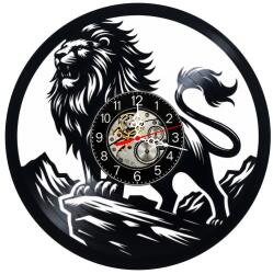  Ceas de perete decorativ realizat din disc de vinil, Model Leu pe Stanca Regele Junglei Regnul Animal, Negru, 30 cm