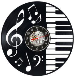  Ceas de perete decorativ realizat din disc de vinil, Model Pianist, Claviatura Pian, Cheia Sol si Cheia Fa, Skeleton, Negru Premium, 30 cm