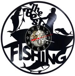  Ceas de perete decorativ realizat din disc de vinil, Model Pescuit The Best Fishing, Pescar, Pesti, Negru, 30 cm
