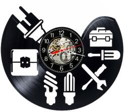  Ceas de perete decorativ realizat din disc de vinil, Model Electrician Instalatii Electrice Scule, Negru, 30 cm