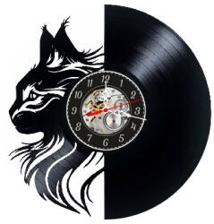  Ceas de perete decorativ realizat din disc de vinil, Model Pisica Maine Coon, Profil Ras Salbatic, Cadran Skeleton, Negru, 30 cm
