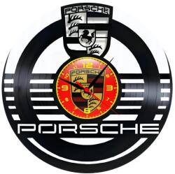  Ceas de perete decorativ realizat din disc de vinil, Model Porsche Emblem, Stema Stuttgart, Volan Sport, Negru, 30 cm