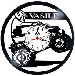  Ceas de perete decorativ realizat din disc de vinil, Model ATV Off-Road, Pilot Quad in Actiune, Text ATV, Cadran Alb, Negru, 30 cm