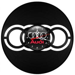 Ceas de perete decorativ realizat din disc de vinil, Model Sigla Simetrica Audi cu scris rosu, Negru, 30 cm