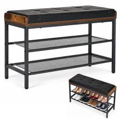 ModernHome Cipőtároló pad, ModernHome LT1, 80 x 50 x 30 cm, fekete, porszórt acél váz, párnázott műbőr ülőfelület, 2 polc, 90 kg teherbírás (TF5457)