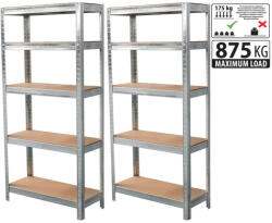Strend Pro Műhelypolc szett, Strend Pro Racks, 180 x 90 x 30 cm, 5 polcos, acél, MDF polclapok, állítható polcmagasság, teherbírás: 175 kg/polc, 2 db-os szett (TC221193)