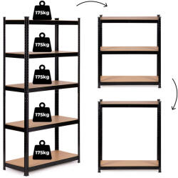 ModernHOME Műhelypolc, ModernHome G9040B, fekete, 180 x 90 x 40 cm, 5 polcos, acél, MDF polclapok, állítható polcmagasság, teherbírás: 175 kg/polc (TF4601)