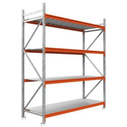 AR Racking Nagy fesztávú állvány alapmodul, 250×240×60 cm, 4 szint, fém polccal, 590 kg/polc, horganyzott/narancs