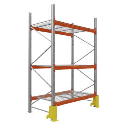 AR Racking Raklapos állvány alapmodul, 350×185×110 cm, 2 szint, 1 mező, acélrács polccal, ütközésvédelemmel, 1000 kg/raklap, horganyzott/narancs