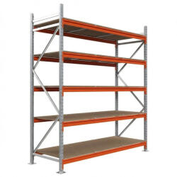 AR Racking Nagy fesztávú állvány alapmodul, 300×240×80 cm, 5 szint, forgácslap polccal, 590 kg/polc, horganyzott/narancs
