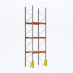 AR Racking Raklapos állvány alapmodul, 350×185×110 cm, 3 szint, 1 mező, acélrács polccal, ütközésvédelemmel, 500 kg/raklap, horganyzott/narancs