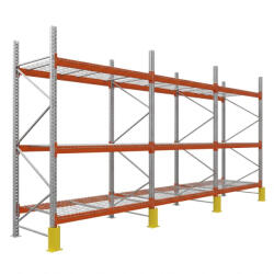 AR Racking Raklapos állvány alapmodul, 500×270×110 cm, 3 szint, 3 mező, acélrács polccal, ütközésvédelemmel, 500 kg/raklap, horganyzott/narancs