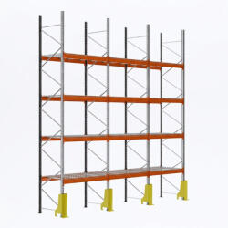 AR Racking Raklapos állvány alapmodul, 600×270×110 cm, 4 szint, 3 mező, acélrács polccal, ütközésvédelemmel, 500 kg/raklap, horganyzott/narancs