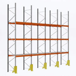 AR Racking Raklapos állvány alapmodul, 600×270×110 cm, 3 szint, 4 mező, acélrács polccal, ütközésvédelemmel, 500 kg/raklap, horganyzott/narancs