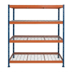 AR Shelving BULLRACK RIVET PRO nagy teherbírású állvány, 200×150×60 cm, 4 szint, acélrács polccal, 300 kg/polc, kék-narancs