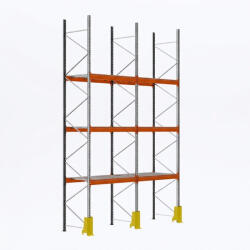 AR Racking Raklapos állvány alapmodul, 400×185×110 cm, 3 szint, 2 mező, acélrács polccal, ütközésvédelemmel, 500 kg/raklap, horganyzott/narancs
