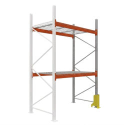 AR Racking Raklapos állvány bővítőmodul, 350×185×110 cm, 2 szint, 1 mező, acélrács polccal, ütközésvédelemmel, 500 kg/raklap, horganyzott/narancs
