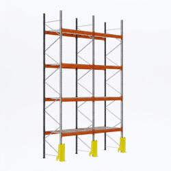 AR Racking Raklapos állvány alapmodul, 600×185×110 cm, 4 szint, 2 mező, acélrács polccal, ütközésvédelemmel, 500 kg/raklap, horganyzott/narancs
