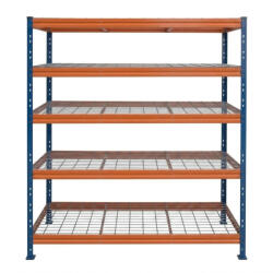AR Shelving BULLRACK RIVET PRO nagy teherbírású állvány, 200×150×45 cm, 5 szint, acélrács polccal, 300 kg/polc, kék-narancs