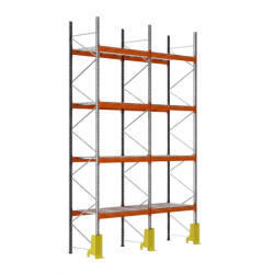 AR Racking Raklapos állvány alapmodul, 600×185×110 cm, 4 szint, 2 mező, acélrács polccal, ütközésvédelemmel, 1000 kg/raklap, horganyzott/narancs