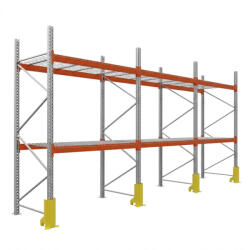 AR Racking Raklapos állvány alapmodul, 300×185×110 cm, 2 szint, 3 mező, acélrács polccal, ütközésvédelemmel, 1000 kg/raklap, horganyzott/narancs