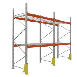 AR Racking Raklapos állvány alapmodul, 300×270×110 cm, 2 szint, 2 mező, acélrács polccal, ütközésvédelemmel, 1000 kg/raklap, horganyzott/narancs