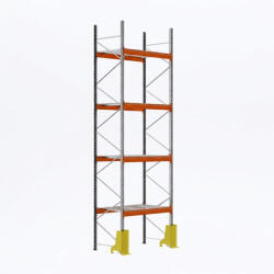 AR Racking Raklapos állvány alapmodul, 600×185×110 cm, 4 szint, 1 mező, acélrács polccal, ütközésvédelemmel, 500 kg/raklap, horganyzott/narancs