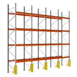 AR Racking Raklapos állvány alapmodul, 600×270×110 cm, 4 szint, 4 mező, ütközésvédelemmel, 500 kg/raklap, horganyzott/narancs