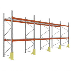AR Racking Raklapos állvány alapmodul, 300×185×110 cm, 2 szint, 4 mező, acélrács polccal, ütközésvédelemmel, 1000 kg/raklap, horganyzott/narancs