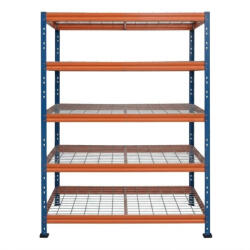 AR Shelving BULLRACK RIVET PRO nagy teherbírású állvány, 200×120×45 cm, 5 szint, acélrács polccal, 300 kg/polc, kék-narancs
