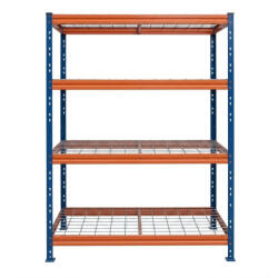 AR Shelving BULLRACK RIVET PRO nagy teherbírású állvány, 200×120×60 cm, 4 szint, acélrács polccal, 300 kg/polc, kék-narancs