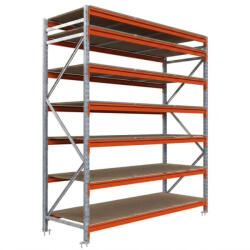 AR Racking Nagy fesztávú állvány alapmodul, 300×240×100 cm, 7 szint, forgácslap polccal, 590 kg/polc, horganyzott/narancs