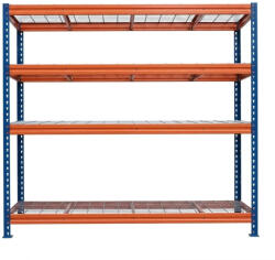 AR Shelving BULLRACK RIVET PRO nagy teherbírású állvány, 200×180×60 cm, 4 szint, acélrács polccal, 300 kg/polc, kék-narancs