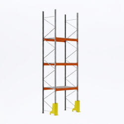 AR Racking Raklapos állvány alapmodul, 600×185×110 cm, 3 szint, 1 mező, acélrács polccal, ütközésvédelemmel, 1000 kg/raklap, horganyzott/narancs