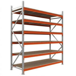 AR Racking Nagy fesztávú állvány alapmodul, 200×150×80 cm, 6 szint, forgácslap polccal, 975 kg/polc, horganyzott/narancs