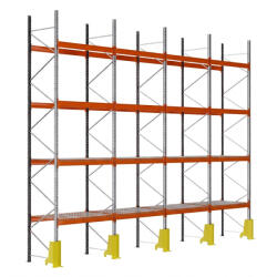 AR Racking Raklapos állvány alapmodul, 600×270×110 cm, 4 szint, 4 mező, acélrács polccal, ütközésvédelemmel, 1000 kg/raklap, horganyzott/narancs