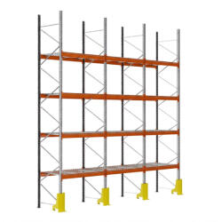 AR Racking Raklapos állvány alapmodul, 600×185×110 cm, 4 szint, 3 mező, acélrács polccal, ütközésvédelemmel, 1000 kg/raklap, horganyzott/narancs