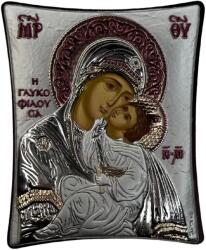 Slevori Icoană argint, Maica Domnului cu Pruncul, 8x9 cm, argintiu cu accente roșii și ramă maro