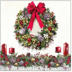 Ambiente Șervețele de masă din hârtie 33x33 cm Bow on wreath, coroniță de Crăciun, Ambiente, roșu, 20 buc