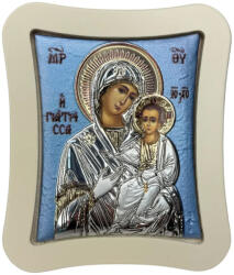 Slevori Icoană argint, Maica Domnului cu Pruncul, 18.6x15.8 cm, fundal albastru cu ramă crem