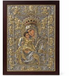 Slevori Icoană argint, Maica Domnului cu Pruncul, cristale Swarovski, 35.5x48 cm, argintiu-auriu cu ramă maro