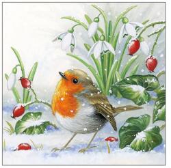 Ambiente Șervețele de masă din hârtie 33x33 cm Robin, model pasăre de iarnă, 3 straturi, Ambiente, 20 buc