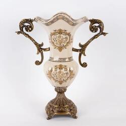Eurolamp Vază decorativă din porțelan Eurolamp, alb cu decor auriu, mânere ornamentale, H43 cm