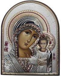 Slevori Icoană argint, Maica Domnului cu Pruncul, 11.8x14.6 cm, argintiu, formă boltită cu ramă maro