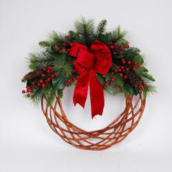 EUROLAMP Coroniță de Crăciun cu bază împletită, 66 x 17 x 61 cm, verde cu roșu, conuri și fundă, Eurolamp Christmas Line